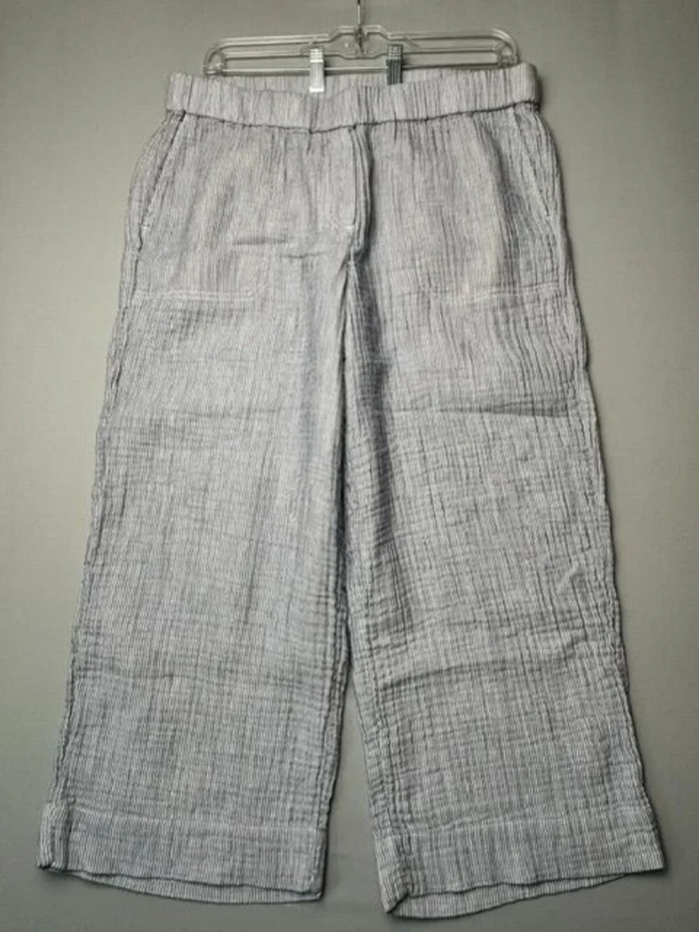 J.Jill Petite Linen Blend Wide Leg Crop Pants Blue White Striped Pull On M